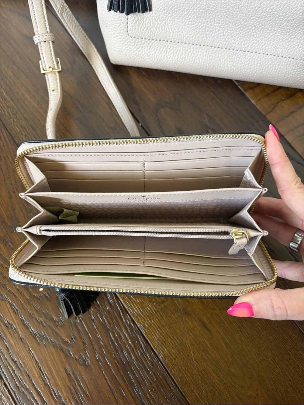 kate spade Blush Beige Leather Crossbody and Wallet Set with Black Trim